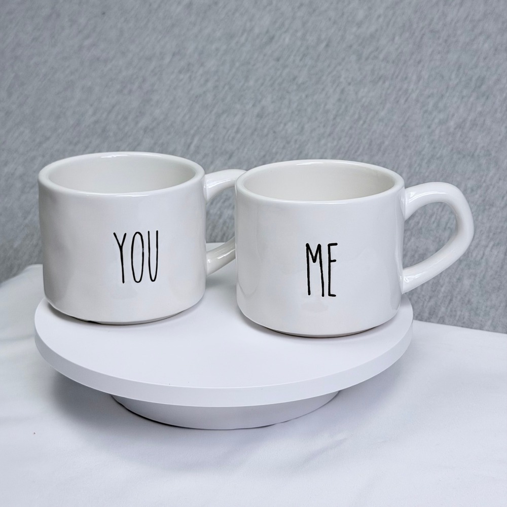 You and Me Ceramic Coffee Mug Set White Farmhouse Stoneware 2pc